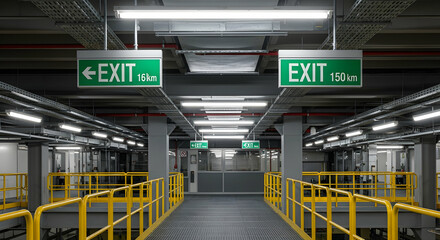 Emergency Exits Signs Directing Towards Escape Routes In An Industrial Structure