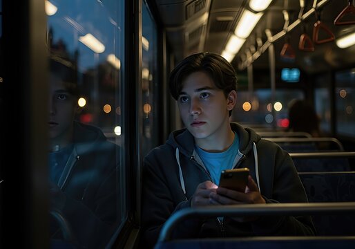 Contemplative young man on a night bus, looking out the window at the city lights while holding a smartphone