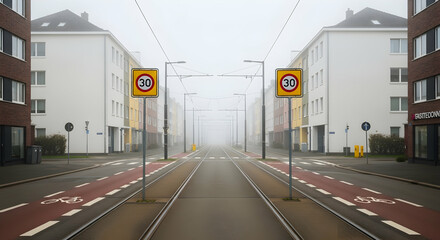 Empty Street With Tram Tracks And Speed Limit Signs In Thick Fog Calm Urban