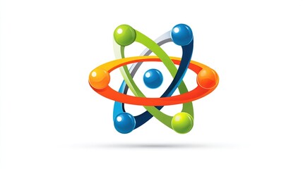 Colorful atom model with four orbits circling a central sphere on a white background