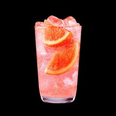 Refreshing Pink Citrus Drink with Ice and Orange Slices in Clear Glass Against Black Background