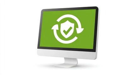 A modern desktop computer displays a green screen showing a white shield with a checkmark inside a circular, double-arrow renewal symbol, suggesting continuous security