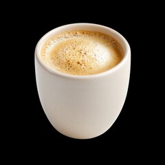 Obraz premium Creamy coffee in a white cup with frothy surface on a black background for beverage and food photography