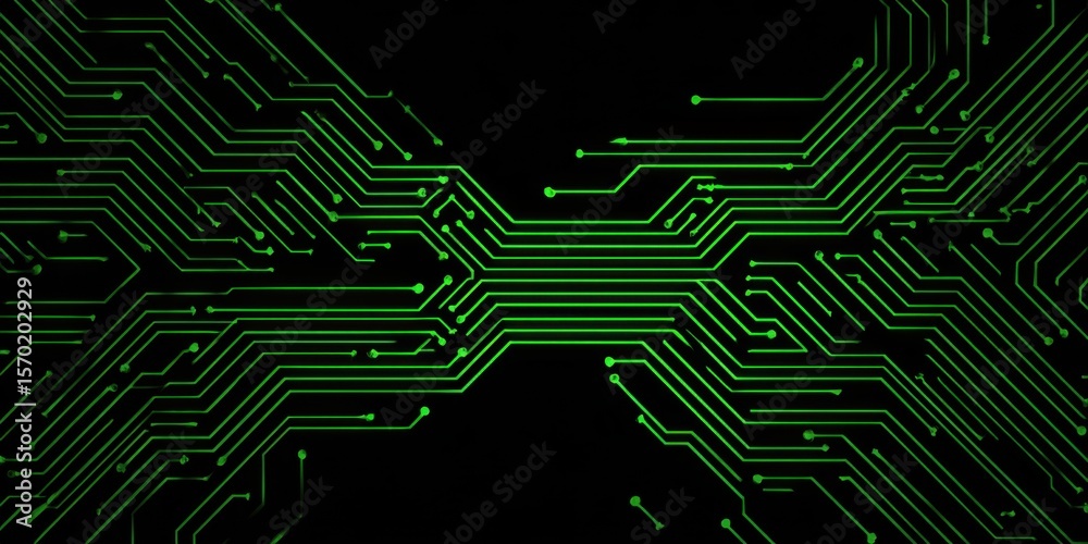 Poster a minimalist circuit pattern in green on a black background, representing advanced technology and da