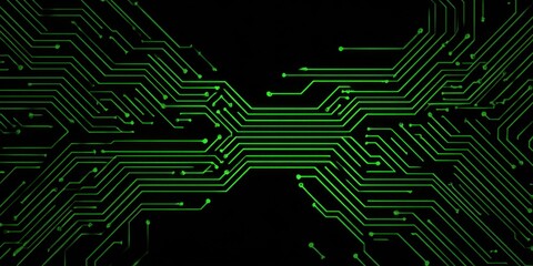 A minimalist circuit pattern in green on a black background, representing advanced technology and data transfer with digital lines Generative AI