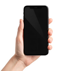 A hand holding a blank black phone. A hand holds a phone with a blank screen