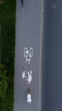 Active city life on shared pedestrian and bike path. Cyclists, runners, people walking dogs and pedestrians using green urban trail. Healthy lifestyle, traffic safety and sustainable mobility.