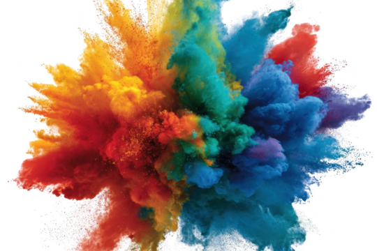 A vivid multicolor powder explosion frozen in motion, with bright pigment particles spreading in dynamic bursts, isolated on a transparent background.