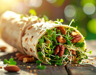 A wrap with nuts and greens on top of a table