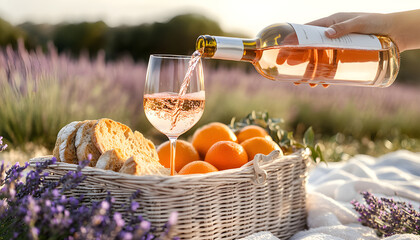 Romantic picnic in lavender field. Woman pours wine into glasses next to wicker basket with fruits, croissants