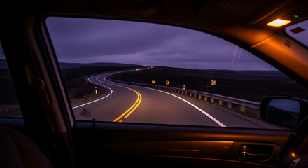 Fototapeta premium Endless Road Trip Through An Atmospheric Twilight From Inside The Car