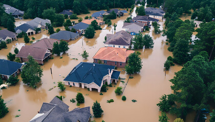 Aerial view flooded Halych town after Dnister river overflow. Houses partially submerged by dirty water. Climate change impact