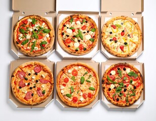 Assortment of Delicious Italian Pizzas in Takeout Boxes