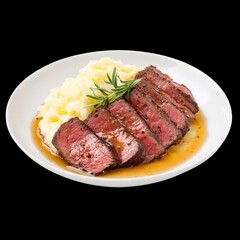 Juicy Grilled Steak with Creamy Mashed Potatoes and Fresh Rosemary Garnish on White Plate