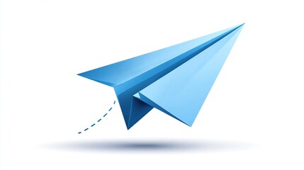 Glossy blue paper airplane with dotted line, against white background, light shadow