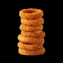 Delicious Crunchy Onion Rings Stacked on Black Background for Culinary Inspiration and Food Photography
