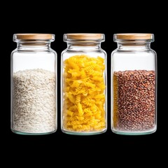 Glass jars filled with various dry food items showcasing vibrant colors against a black background