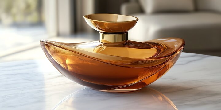 Elegant Amber Glass Perfume Bottle on White Marble Surface in Modern Interior