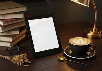 A tablet mockup on a desk with coffee and books. A concept for a relaxing morning, studying in a cafe, e-learning, or a cozy reading lifestyle.