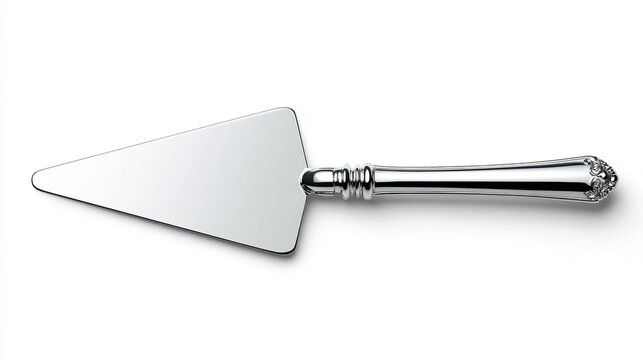 Silver cake server with triangular blade and ornate handle on white backdrop