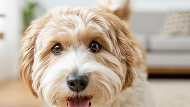 Cute Havanese Dog with Beige and White Fur Playfully Explores Cozy Living Room Environment