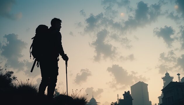 Silhouette of a hiker at sunrise over a city. - Powered by Adobe