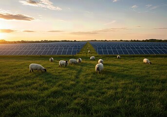 Sheep grazing at a solar farm at sunset, a concept of sustainable land use, agrivoltaics, and harmony between renewable energy and nature