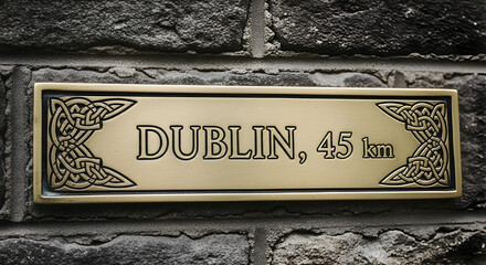 Dublin Distance Sign With Traditional Celtic Knot Design And Stone Wall Backdrop