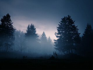 Fototapeta premium Twilight Forest Silhouette with Fog