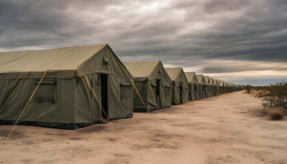 Military tents set up on flat dirt field. Green canvas structures for temporary housing emergency situations. Army barracks, disaster relief, emergency accommodation, temporary shelter, evacuation