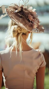 A young Caucasian woman with long blonde hair wears a large, decorative hat adorned with flowers. She is dressed elegantly, embodying the old money style at a horse racing event.