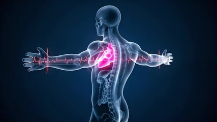 Full body render highlights beating heart with flowing ECG wave, heart energy moves through veins, focused monitor secures heart health. Concept medical vitality