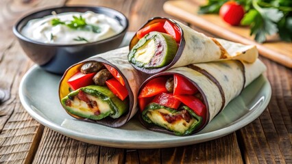 A soft wrap with grilled eggplant, zucchini, and red bell peppers wrapped around a dollop of creamy tzatziki sauce on a plate , healthy food, outdoor dining
