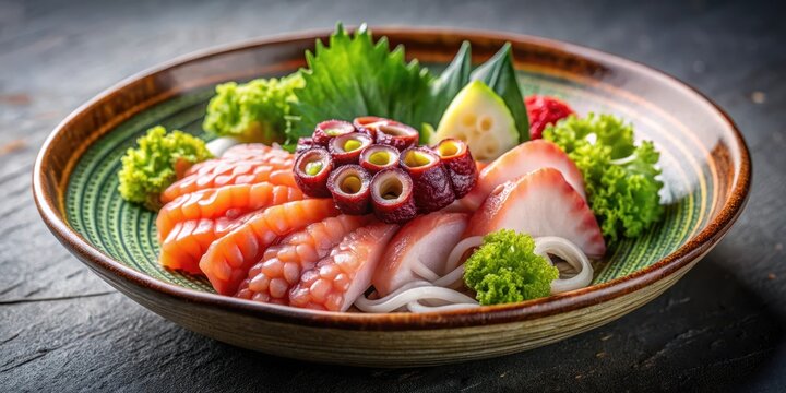 A bowl of chilled Tako sashimi served on a traditional Japanese plate with a sprinkle of pickled ginger and wasabi, marine life, cephalopod