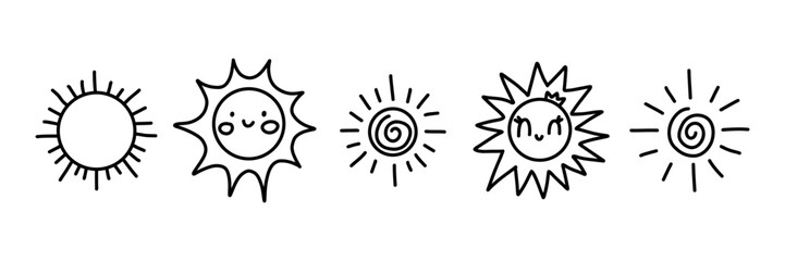 Cute hand-drawn sun icons set. Doodle style smiling suns, spiral sun shapes, cartoon faces with rays. Fun black line art perfect for kids design, stickers, weather, summer themes. Vector illustration