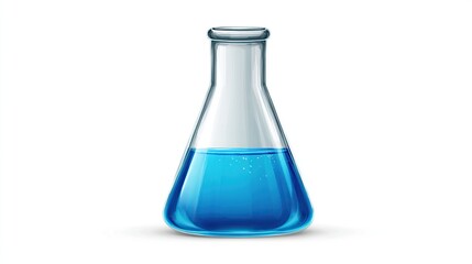 Clear glass conical flask, filled with a vibrant blue liquid,  isolated on a white background.  Realistic 3D rendering