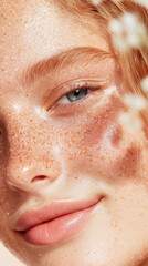 Fototapeta premium Close-up of a female face with dewy skin and freckles, partially covered by a soft focus element. Beauty, natural, skincare, freshness