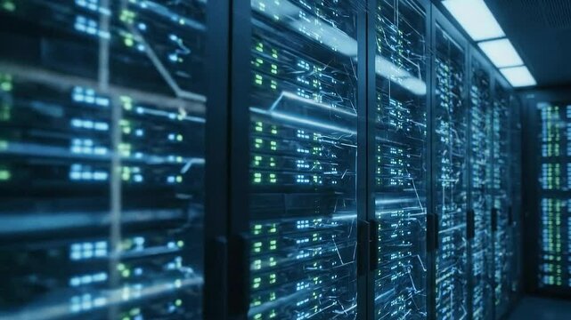 Close-up view of modern data servers in a secure server room with blinking LED lights