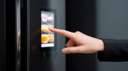 A hand is touching a screen on a modern appliance displaying various drinks. Technology interaction, smart appliance usage
