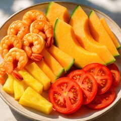 Vibrant summer salad with shrimp, melon, pineapple, and tomato slices