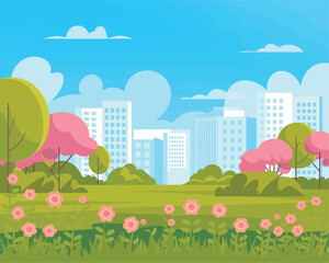Flat vector summer/spring view of the city park's outdoor landscape.