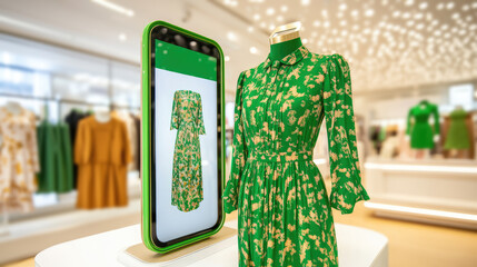Green floral dress is displayed on a mannequin with a matching image on a digital screen in a store. Fashion and technology integration