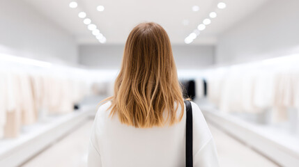 Obraz premium A person stands in a brightly lit store, gazing at clothing displays. Shopping experience, fashion, retail atmosphere