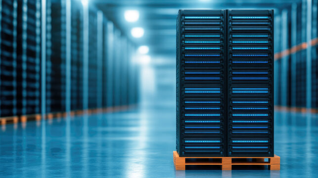 A server rack is centered in a dimly lit data center, surrounded by rows of similar racks. Technology, data storage, server room, modern infrastructure