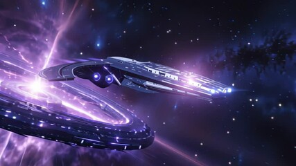 Ring spacecraft spins through purple nebula, ring craft crackles with plasma arcs, astronomers track ring spacecraft crossing silent void. Concept cosmic engineering - Powered by Adobe