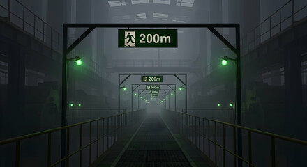 Eerie Industrial Interior With Glowing Exit Signs In Mist On Elevated Walkway