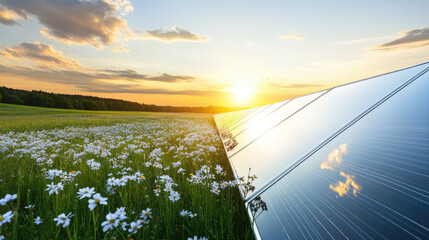 Solar panels are situated in a field of wildflowers under a setting sun. Sustainable energy and nature