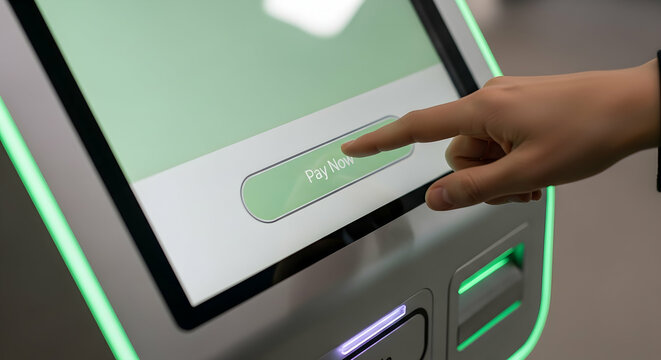 Hand Presses Pay Now Button on Modern Illuminated Touchscreen Interface - Powered by Adobe