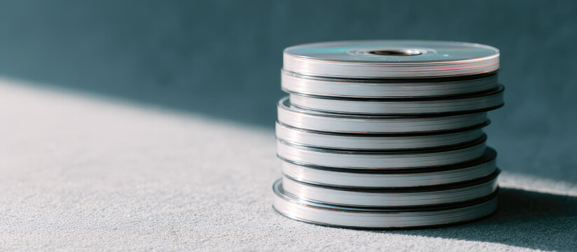 A stack of compact discs sits on a flat surface, casting shadows. Concept: digital storage, technology
