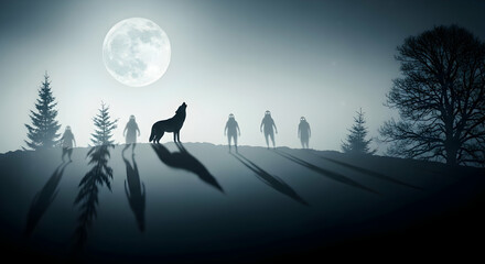 Eerie Night Scene With Howling Wolf Moon And Mysterious Figures In The Mist